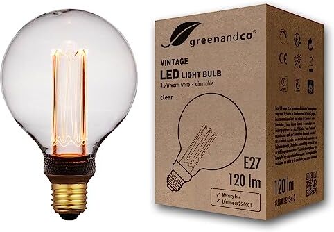 greenandco ® lampadina a LED dimmerabile di design vintage in stile retrò E27 G95 3,5W 120lm 1800K 320° 230V, claro, nessun sfarfallio