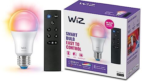 WiZ Lampadina Smart+Telecomando mote, Luce Bianca o Colorata Dimmerabile, E27, 60W, WiFi, Tecnologia SpaceSense, Controllo Vocale