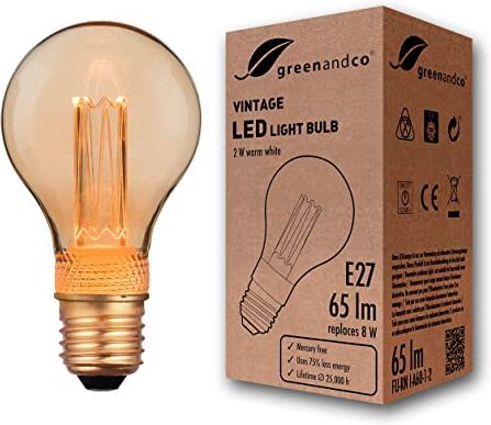 greenandco ® lampadina a LED di design vintage in stile retrò E27 A60 2W 65lm 1800K 320° 230V, ambra, nessun sfarfallio, non dimmerabile