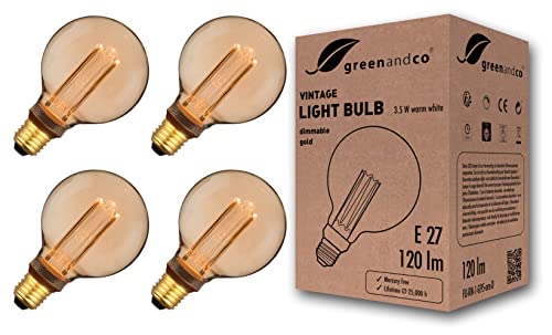 greenandco 4x lampadina a LED dimmerabile di design vintage in stile retrò E27 G95 3,5W 120lm 1800K 320° 230V, ambra, nessun sfarfallio