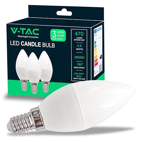 V-TAC Lampadina LED a Candela con Attacco Edison E14, 4,5W (Equivalenti a 45W), Candela, 470 Lumen, Luce Bianca Fredda (Box 3 Pezzi)