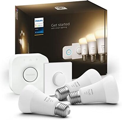 Philips White Starter Kit 3 Lampadine Smart, Luce Bianca Calda, Bluetooh, Dimmerabili, Attacco E27, 9.5W, Hue Bridge e Hue Smart Button Inclusi, Bianco