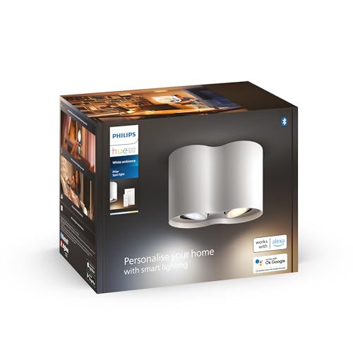 Philips White Ambiance Pillar, 2 Faretti Led Smart, Lampadina GU10 Inclusa, Telecomando Dimmer Switch Incluso, Dimmerabile, Bluetooh, 2 x 5.5 W, Bianco