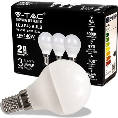 V-TAC Lampadina LED con Attacco E14 4,5W P45 470 Lumen Massima Efficienza e Risparmio Energetico Luce 3000K Bianca Calda (Box 3 Pezzi)