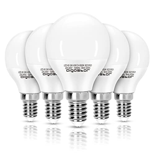 Aigostar Lampadine LED E14 Luce Fredda 6500K, 4.9W Equivalenti a 37W, 420 Lumen, Mini Globo Lampadina G45, Non Dimmerabile, Confezione da 5