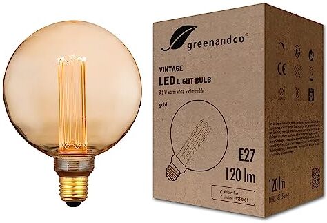 greenandco ® lampadina a LED dimmerabile di design vintage in stile retrò E27 G125 3,5W 120lm 1800K 320° 230V, ambra, nessun sfarfallio