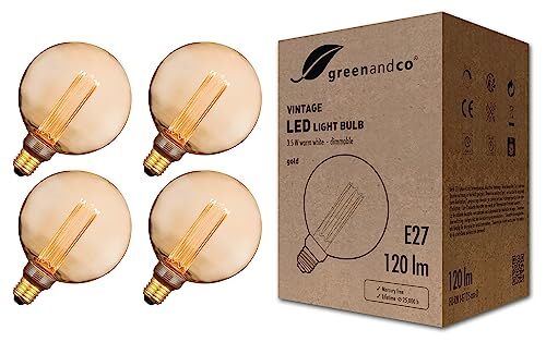 greenandco 4x lampadina a LED dimmerabile di design vintage in stile retrò E27 G125 3,5W 120lm 1800K 320° 230V, ambra, nessun sfarfallio