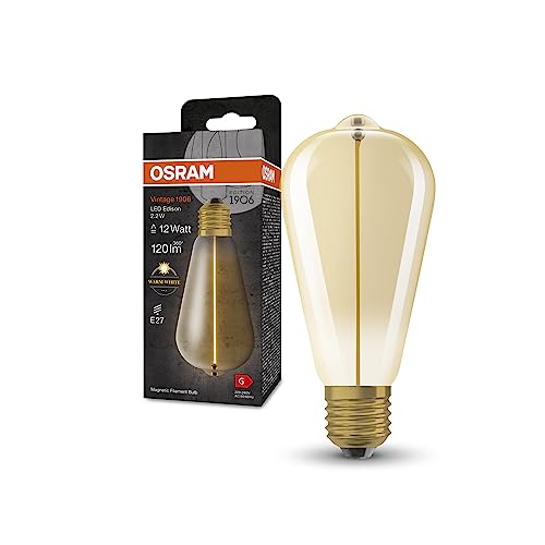 OSRAM Lampada LED Vintage 1906 Classic Edison FIL, E27, oro, 2.2W, 120lm, 2700K, luce bianca calda, filamento magnetico, basso consumo energetico, lunga durata