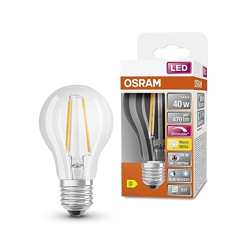 OSRAM Lampada LED SUPERSTAR+ CLASSIC A FIL 40, E27, goccia, 3.4W, 470lm, 2700K, luce bianca calda, componente blu e affaticamento visivo notevolmente ridotti, dimmerabile, basso consumo energetico