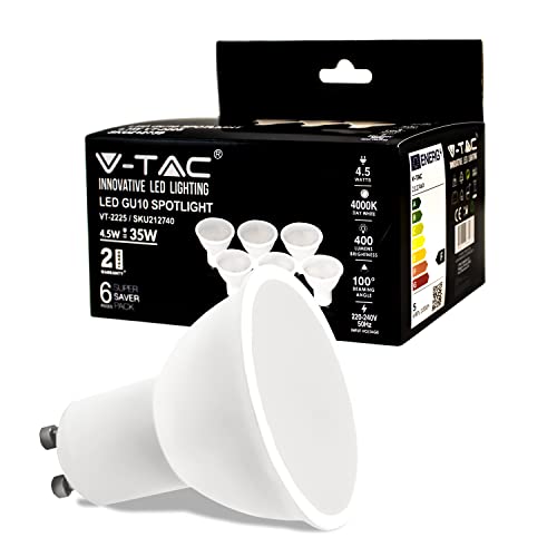 V-TAC Lampadine LED GU10-4,5W 400 Lumen Alta Luminosità Faretto Led GU10 per Massima Efficienza e Risparmio Energetico Lampadine 4000K Luce Naturale (Box 6 pezzi)