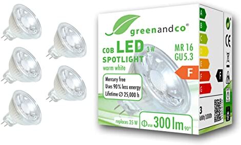 greenandco 5x  Faretto a LED MR16 GU5.3, 3W 300lm 2700K (bianco caldo) COB LED 38° 12V AC/DC, non dimmerabile