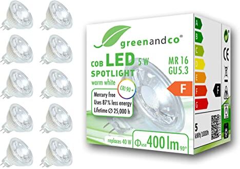 greenandco 10x Faretto a LED IRC 90+ MR16 GU5.3, 5W 400lm 3000K (bianco caldo) COB LED 38° 12V AC/DC, non dimmerabile