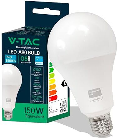 V-TAC Lampadina LED con Attacco Edison E27, 20W (Equivalenti a 150W) A80 2452 Lumen per Massima Efficienza e Risparmio Energetico Luce Bianca Fredda