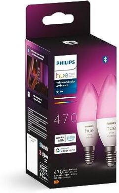 Philips White and Color Ambiance Lampadina Smart LED, Attacco E14, Luce Bianca o Colorata, 4W, 2 Pezzi