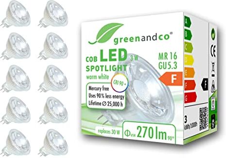 greenandco 10x Faretto a LED IRC 90+ MR16 GU5.3, 3W 270lm 2700K (bianco caldo) COB LED 38° 12V AC/DC, non dimmerabile