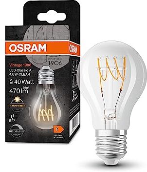 OSRAM Lampada LED Vintage 1906 Classic A FIL, E27, goccia, trasparente, 4.8W, 470lm, 2700K, luce bianca calda, dimmerabile, filamento ultra sottile, basso consumo energetico, lunga durata