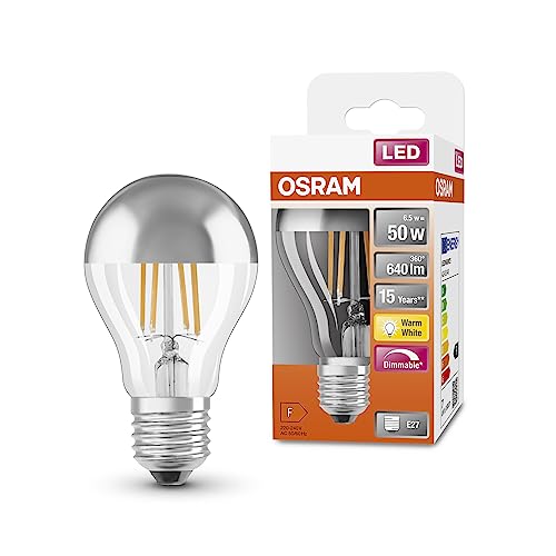 OSRAM Lampade a LED, forma classica del pistone, con corona di pistone a specchio, sostituzione di 50 watt, E27, a-forma, 2700 kelvin, bianco caldo, vetro trasparente, singolo pacchetto