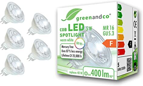 greenandco 5x Faretto a LED IRC 90+ MR16 GU5.3, 5W 400lm 3000K (bianco caldo) COB LED 38° 12V AC/DC, non dimmerabile