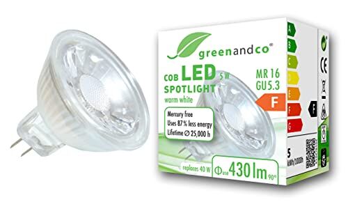 greenandco Faretto a LED MR16 GU5.3, 5W 430lm 3000K (bianco caldo) COB LED 38° 12V AC/DC, non dimmerabile