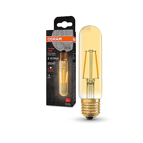 OSRAM Lampada LED Vintage 1906 Classic Tubular FIL, E27, tubolare, oro, 2.5W, 200lm, 2000K, luce bianca molto calda, filamento magnetico, basso consumo energetico, lunga durata