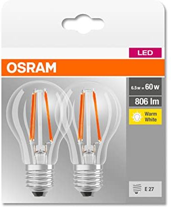 Osram Lampada LED Base Classic A, forma di Lampadina con Base E27, non dimmerabile, sostituisce 60 Watt, Stile Filament Clear, Bianco caldo 2700 Kelvin, Confezione da 2