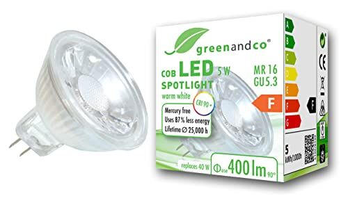 greenandco Faretto a LED IRC 90+ MR16 GU5.3, 5W 400lm 3000K (bianco caldo) COB LED 38° 12V AC/DC, non dimmerabile