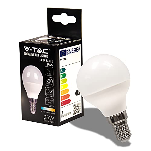 V-TAC Lampadina LED con Attacco Edison E14, 3,7W (Equivalenti a 25W), P45, 320 Lumen Lampadina LED Massima Efficienza e Risparmio Energetico Luce Bianca Calda 3000K