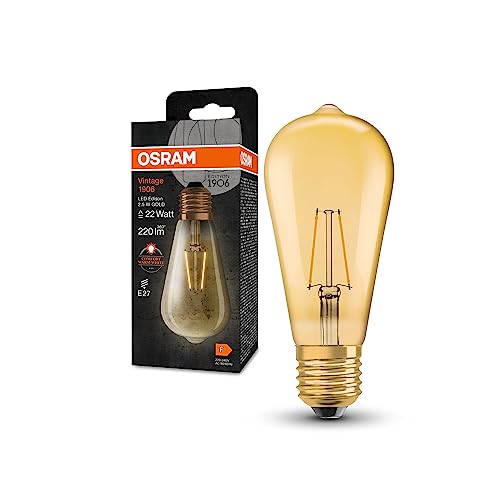 OSRAM Lampada LED Vintage 1906 Classic Edison FIL, E27, oro, 2.2W, 250lm, 2400K, luce bianca molto calda, filamento magnetico, basso consumo energetico, lunga durata