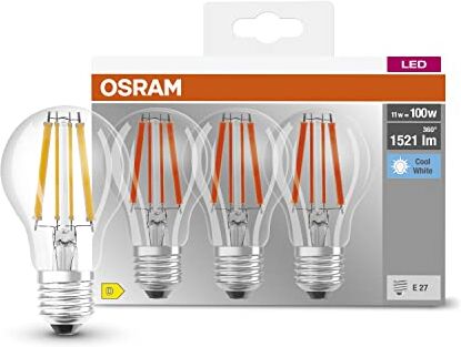 Osram 100, Lampade A Filamento Chiaro In Vetro E27, Bianco Freddo, Sostituisce Le Tradizionali Lampadine Da 100W, Scatola Da 3