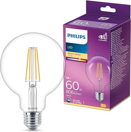 Philips Lampadina LED Globo a Filamento, 7W, attacco E27, Luce Bianca Calda, 806 Lumen