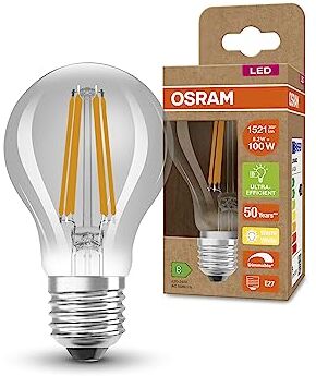 OSRAM Lampada LED SUPERSTAR+ CLASSIC A FIL 100, E27, goccia, 8.2W, 1521lm, 2700K, luce bianca calda, dimmerabile, filamento LED, basso consumo energetico, classe di efficienza energetica B