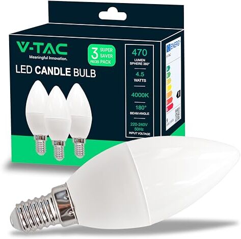 V-TAC Lampadina LED a Candela con Attacco Edison E14, 4,5W (Equivalenti a 45W), Candela, 470 Lumen, Luce Bianca Naturale (Box 3 Pezzi)