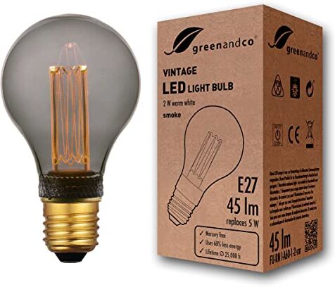 greenandco ® lampadina a LED di design vintage in stile retrò E27 A60 2W 45lm 2000K 320° 230V, grigio fumo, nessun sfarfallio, non dimmerabile