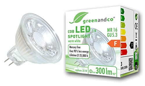 greenandco Faretto a LED MR16 GU5.3, 3W 300lm 2700K (bianco caldo) COB LED 38° 12V AC/DC, non dimmerabile