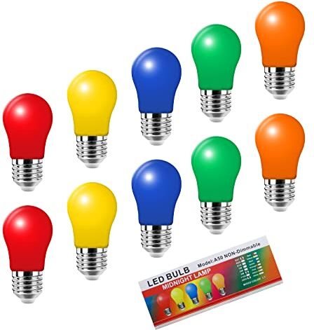 Jiotouhu Lampadina a LED colorata E27,3 W A50 a forma di pera, rosso, giallo, blu, verde, Arancione, colori misti, per fate, luci colorate, decorazione per feste di Halloween, confezione da 10