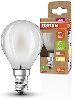 OSRAM Lampada LED SUPERSTAR+ CLASSIC P GLFR 40, E14, sfera, 2.5W, 470lm, 2700K, luce bianca calda, tecnologia a filamento LED, basso consumo energetico, classe di efficienza energetica B