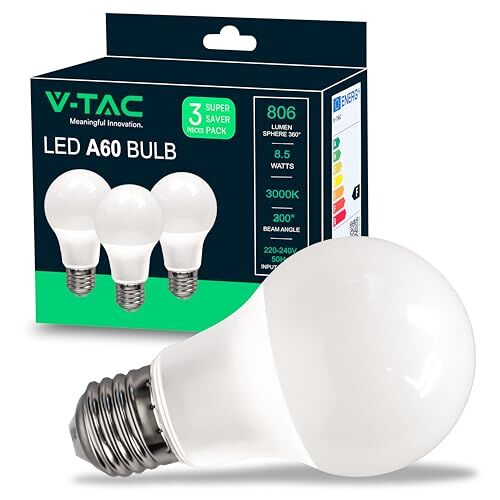 V-TAC Lampadina LED con Attacco E27 8,5W (Equivalenti a 60W) A60 806 Lumen 3000K Luce Bianca Calda (Box 3 pezzi)