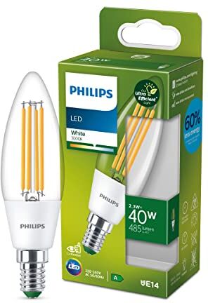 Philips LED Lampadina Classe A Ultra Efficiente a Risparmio Energetico, 2.3W, 3000K, E14