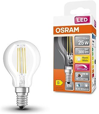 OSRAM Lampada LED SUPERSTAR+ CLASSIC P FIL 25, E14, sfera, 2.2 W, 300 lm, 2700 K, luce bianca calda, componente blu e affaticamento visivo notevolmente ridotti, dimmerabile, basso consumo energetico