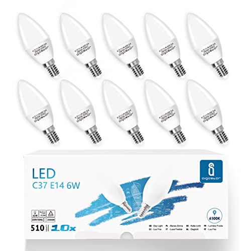 Aigostar Lampadine LED E14 6W Equivalenti a 42W, C37 Lampadina a Candelabro, Luce Bianca Fredda 6500K, 510 Lumen, Confezione da 10