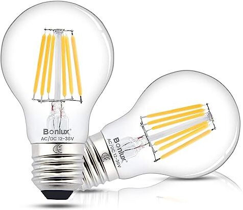 Bonlux Lampadina a LED E27 6W 12-24V AC/DC Bianco Calda 2700K A60 ES vite Edison Lampadina a Filamento LED Vintage, 60W Lampada ad Incandescenza Equivalente Per Yacht Marine Caravan (2-Pacco)