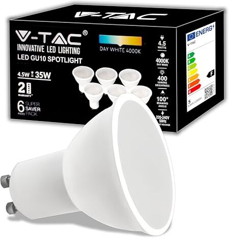 V-TAC 6x Lampadine LED GU10 4.5W (Equivalenti a 35W) 400 Lumen Alta Luminosità Faretto Led GU10 Massima Efficienza e Risparmio Energetico Luce Bianca Calda 3000K Box 6 Pezzi