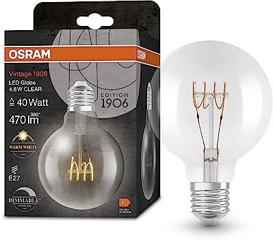 OSRAM Lampada LED Vintage 1906 Classic Globe95 FIL, E27, globo, trasparente, 4.8W, 470lm, 2700K, luce bianca calda, dimmerabile, filamento ultra sottile, basso consumo energetico, lunga durata