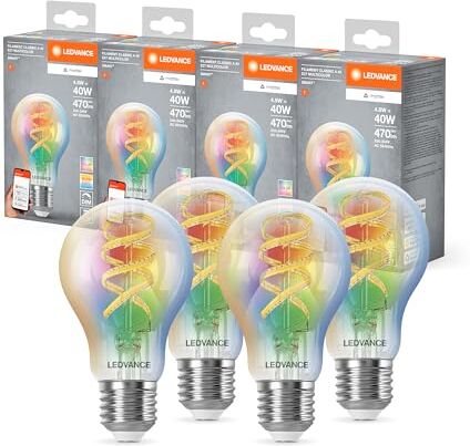 LEDVANCE Lampada Led Smart+ Matter, Vetro Chiaro a Filamento, 4,8W, 470Lm, Goccia E27, Luce Colorata e Bianca, Compatibile con Google, Alexa, Apple, App o Controllo Vocale,15.000 Ore,Conf. Da 4