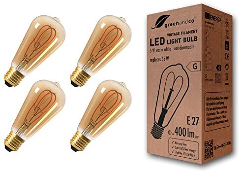 greenandco 4x Lampadina a filamento LED Vintage E27 ST64 5W (equivalente a 35W) 400lm 2000K (bianco caldo) 360° 230V AC Vetro, nessun sfarfallio, non dimmerabile