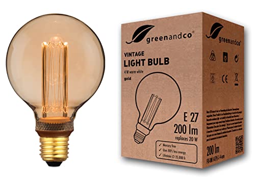 greenandco ® lampadina a LED di design vintage in stile retrò E27 G95 4W 200lm 1800K 320° 230V, ambra, nessun sfarfallio, non dimmerabile