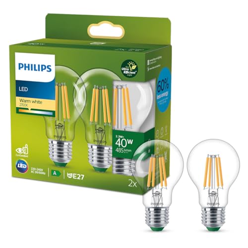 Philips LED Lampadina a Goccia Classe A Efficent, 2 Pezzi, 40W, E27, Luce Bianca Calda