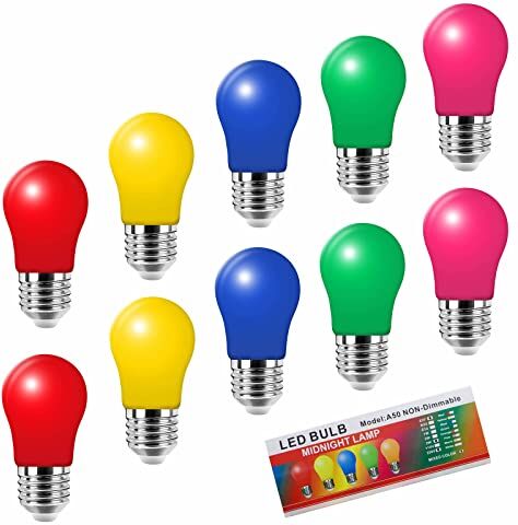 Jiotouhu Lampadina a LED colorata E27,3 W A50 a forma di pera, rosso, giallo, blu, verde, rosa, colori misti, per fate, luci colorate, decorazione per feste di Halloween, confezione da 10