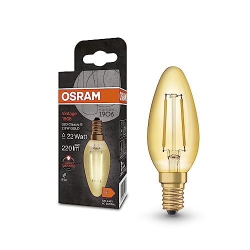 OSRAM Lampada LED Vintage 1906 Classic B FIL, E14, candela, oro, 2.5W, 220lm, 2400K, luce bianca molto calda, filamento magnetico, basso consumo energetico, lunga durata