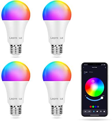 Lepro Lampadine Colorate LED E27 9W Equivalenti a 60W, Cambiare Colore Lampadina E27 RGBW+Bianca Caldo 2700K 16 Colori Dimmerabile, Controllo da APP & Bluetooth, 4 Pezzi